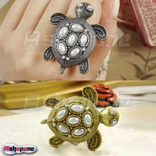 Cute Retro Vintage Tortoise Turtle with White Pearl Adjustable Ring