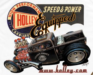 Retro Rat Rod Pickup T shirt with Flathead Ford Engine by Holley Carbs