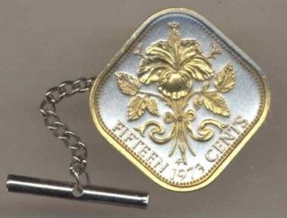 Bahamas 15 Cent Hibiscus Tie Tacks 2 Toned Gold on Silver Coin Jewelry