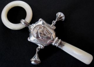 Solid Silver MOP Baby Rattle Teething Ring Adie & Lovekin 1923
