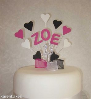   BLACK & WHITE HEART CAKE TOPPER WITH DIAMANTE NUMBER 16th, 18th ETC