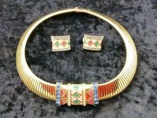   Signed Ciner Egyptian Revival Rhinestone Collar Necklace & Earring Set