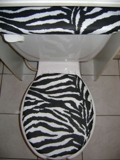 Zebra Print White   Black Cotton BLEND Fabric Toilet Seat Cover Set