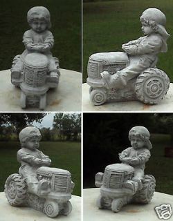 FARM COUNTRY BOY ON TRACTOR GRAY/WHITE ANTIQUED CEMENT/CONCRETE GARDEN 