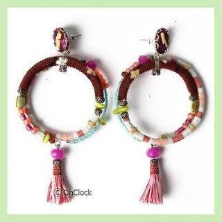   JEWELRY WOMENS HOOP EARRINGS COLORFUL BEADS, FABRIC WITH TASSELS 8478