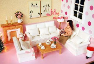 12 Dollhouse Miniature Living Room White Sofa Fireplace Table Set