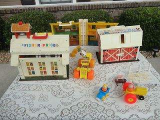 vintage fisher price toy lot play family farm family house and school