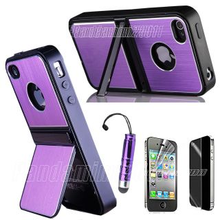 Purple Aluminum TPU Hard Case Cover w/ Chrome Stand For iPhone 4 4G 4S 