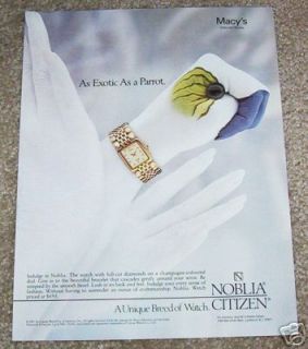 1987 Noblia Citizen watches PARROT hand art VINTAGE AD