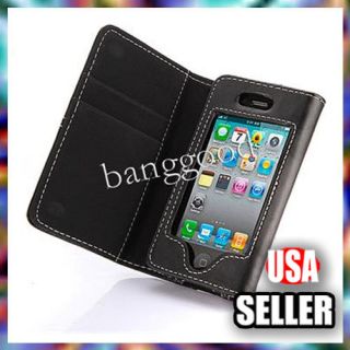   iPHONE 4 4G 4S Black Card Holder WALLET LEATHER FLIP CASE COVER Pouch