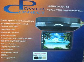 15 FLIP DOWN MONITOR wDVD BLACK BUILT IN DVD PLAYER TFT LCD POWER 