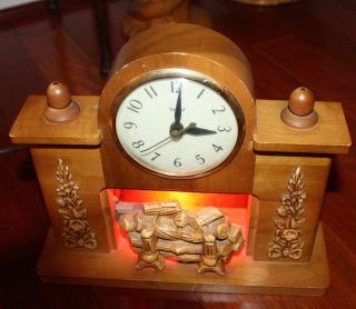 Vintage Wood Electric Fireplace Mantel Lighted Clock United