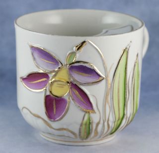   Orchid Flower Raised Slip Design Mustache Cup w/ Gold Gilding