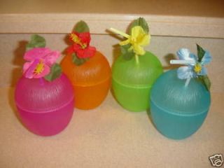 12 COCONUT CUPS & 24 FLOWER STRAWS NEW 16oz FUN COLORS