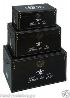 European / Paris Fleur de Lis Black Trunk Set /3