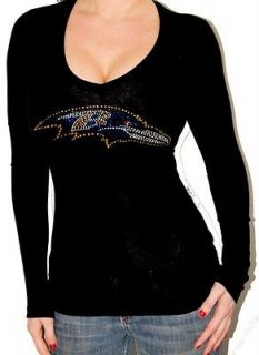 Baltimore RAVENS RHINESTONE BLING BLACK STRETCHY FITTED L/S TOP T 