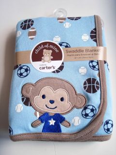 NEW Child of Mine by Carters SWADDLE BLANKET Blue/Brown Sports Baby 