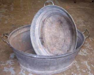   Primitive GALVANIZED STEEL WASH TUB Basin 1940s ~ Camp outs bathtub