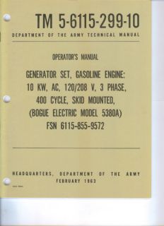 Generator Set 10 KW, Bogue Elec Model 5380A, Operators