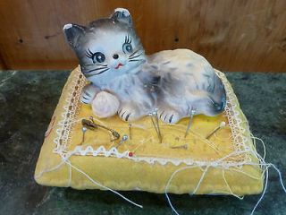 UNIQUE VINTAGE KITTY CAT ON BED PIN CUSHION, EARLY JAPAN