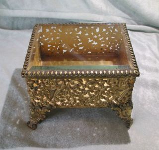   Nouveau Style Gold Metal & Beveled Glass Hinged Trinket Jewelry Box