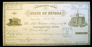State of Nevada Controllers Office Warrant Bond Carson City 1897 (J)