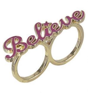 Disney Couture Gold Plated Believe Word Double Ring in Purple Enamel