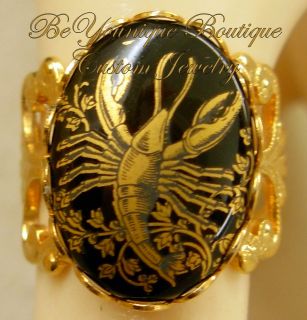   CRAB ZODIAC Astrology Glass Cameo Filigree Ring New ADJUSTIBLE Gold