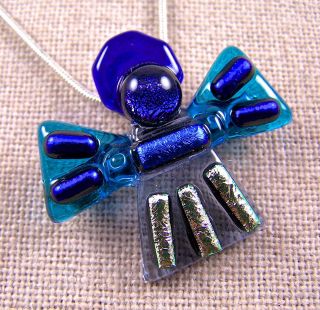 Dichroic Fused Glass ANGEL Blue Teal PENDANT PIN COMBO Blue Purple 
