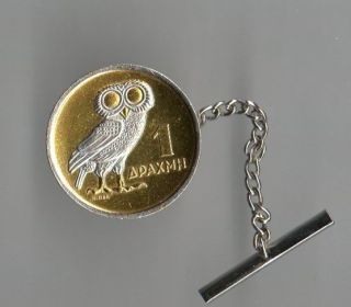   Drachma White Snow Owl Tie Tacks 2 Toned Gold on Silver Coin Jewelry