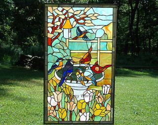   34 Large Tiffany Style stained glass window panel bird w/birdbath