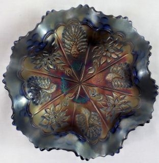   Peacock and Dahlia Vintage Carnival Glass Blue Cobalt 7 Ruffled Bowl