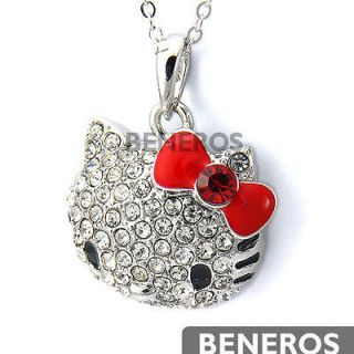 Cute Hello Kitty Red Bow Silver Cat Pendant Necklace w Lovely 