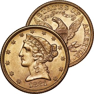 gold coin 1881 in $5, Half Eagle