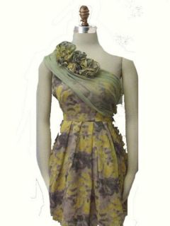 NWT Ryu Yellow $98 One Shoulder Rosette Front Pleated MOD CLOTH Dress 
