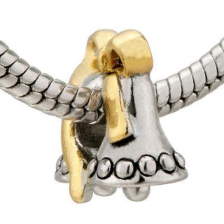 PUGSTER BELL GOLD BOW SILVER CHARM BEAD FOR BRACELET O43