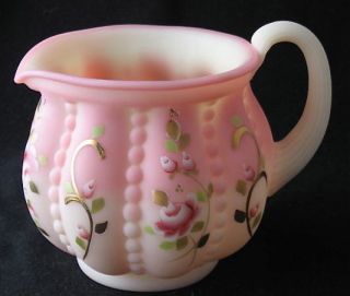FENTON BURMESE PITCHER ROSES, LADYBUG SIGNED BY HANDLE, BUTTERFLY TO
