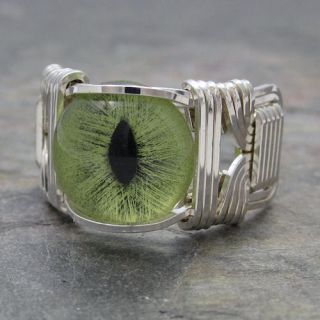 Green Glass Cat Eye Eyeball Cabochon Sterling Silver Wire Wrapped Ring 