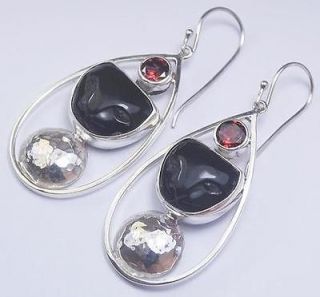   Sterling Silver Black Cat Egyptian Mau Hook Earrings Red Garnet Gems