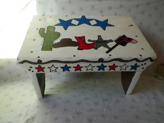 Vintage Kid Toddler Baby Step Stool With Hand Painted Cowboy Western 