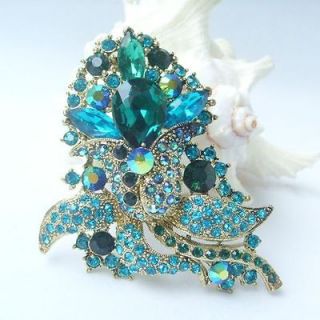 Pretty Flower Brooch Pin w Turquoise & Green Rhinestone Crystals 