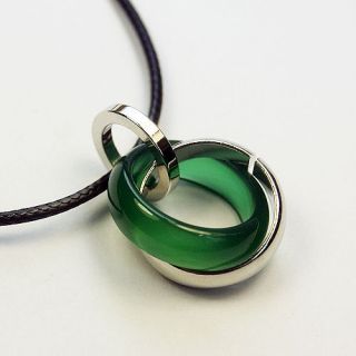Cool Silver Green Jade Two Rings Pendant Hemp Necklace 