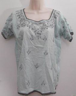   100% Cotton Floral Gray Embroidery Mexican Tunic Top 6 Crochet Trim