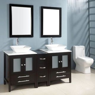 61 Dark Espresso Marble Double Sink Bathroom Cabinet w Mirrors 