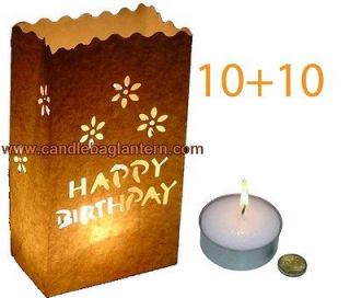 10+10 Happy Birthday White Paper Bag Lanterns +Giant Tea Light Candle 