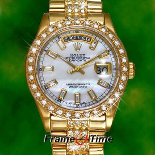 Rolex Mens 18K Gold Diamond Baguette Day Date White Pearl Super 