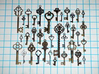 Antique Vtg old look skeleton key lot pendant heart bow lock steampunk 
