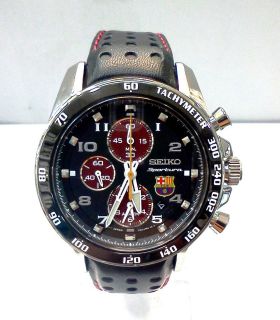 NEW Seiko Sportura FC Barcelona Mens Black Leather Chronograph Watch 