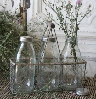 Antique Style Wire Basket with Milk Bottles Home Decor
