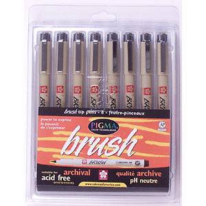   Pigma Brush Tip 8pk Assorted Color Brush Ink Pen Set, archival quality